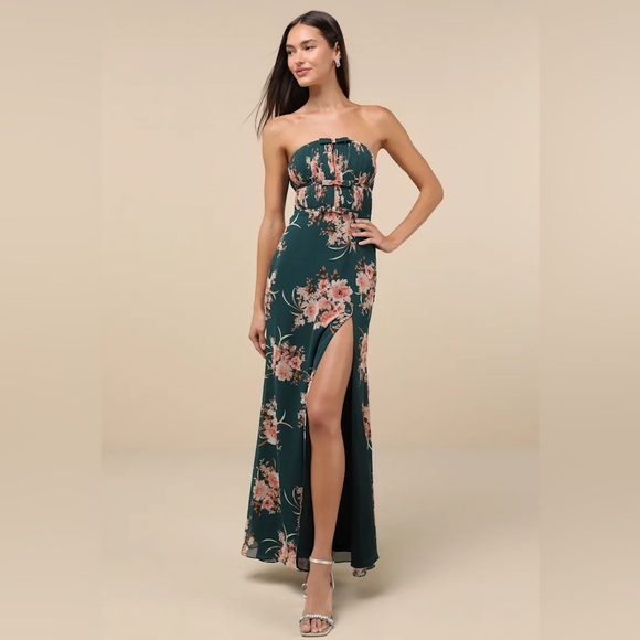 Lulus Dresses & Skirts - Lulus Enchanting Garden Emerald Floral Cutout Bow Strapless Maxi Dress